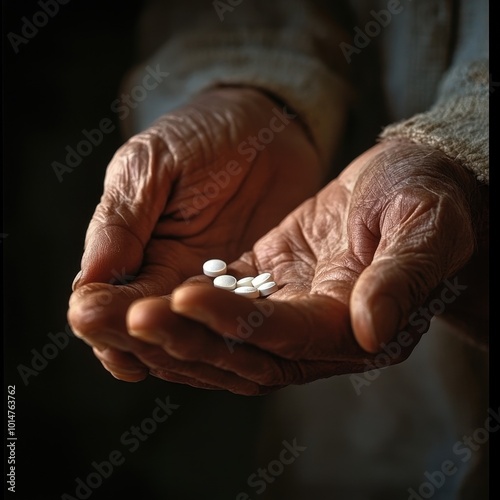 A senior hand offering medication, with the details of age and experience clearly shown in the close-up photo