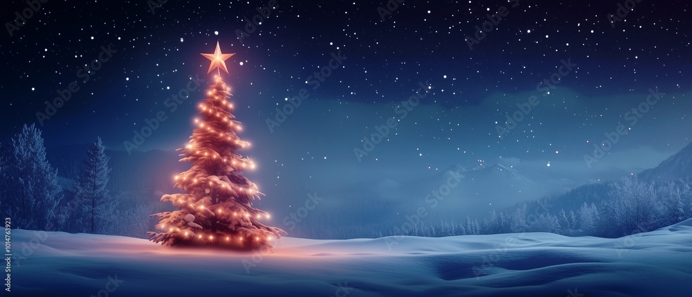 Christmas tree decorated with snow and garland lights, set in snowy vibes with copy space in the background Christmas tree decorated with snow and garland lights, set in snowy vibes with copy space in the background