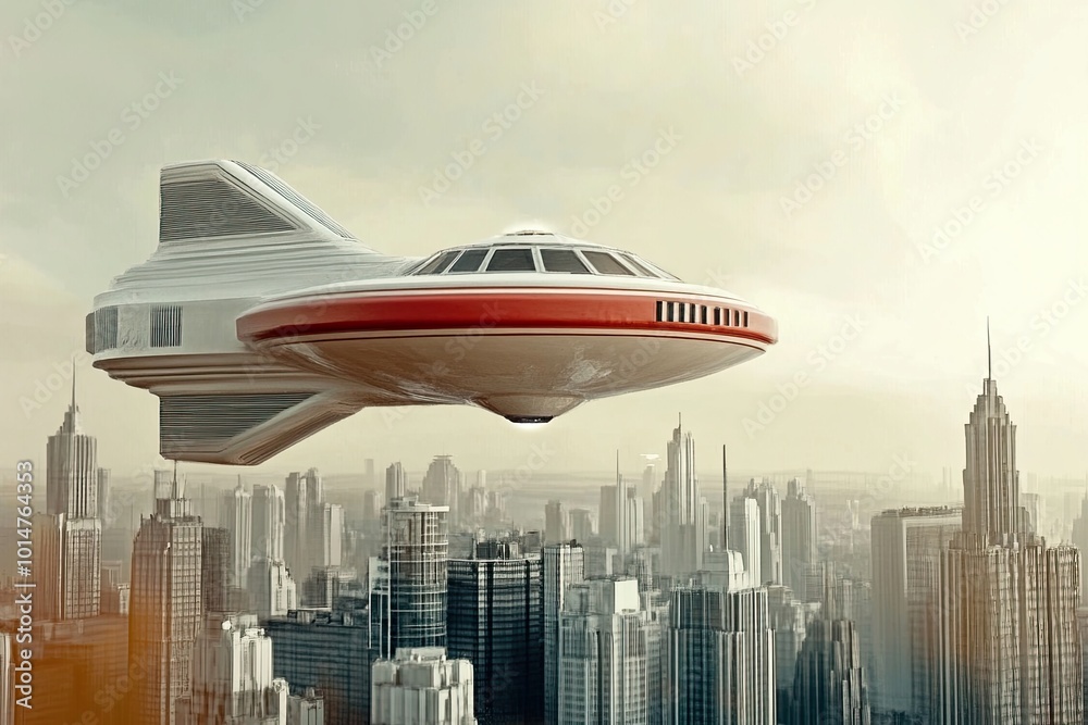 Futuristic Flying Saucer Hovering Over a Vibrant Retro City Skyline at Sunset Futuristic Flying Saucer Hovering Over a Vibrant Retro City Skyline at Sunset