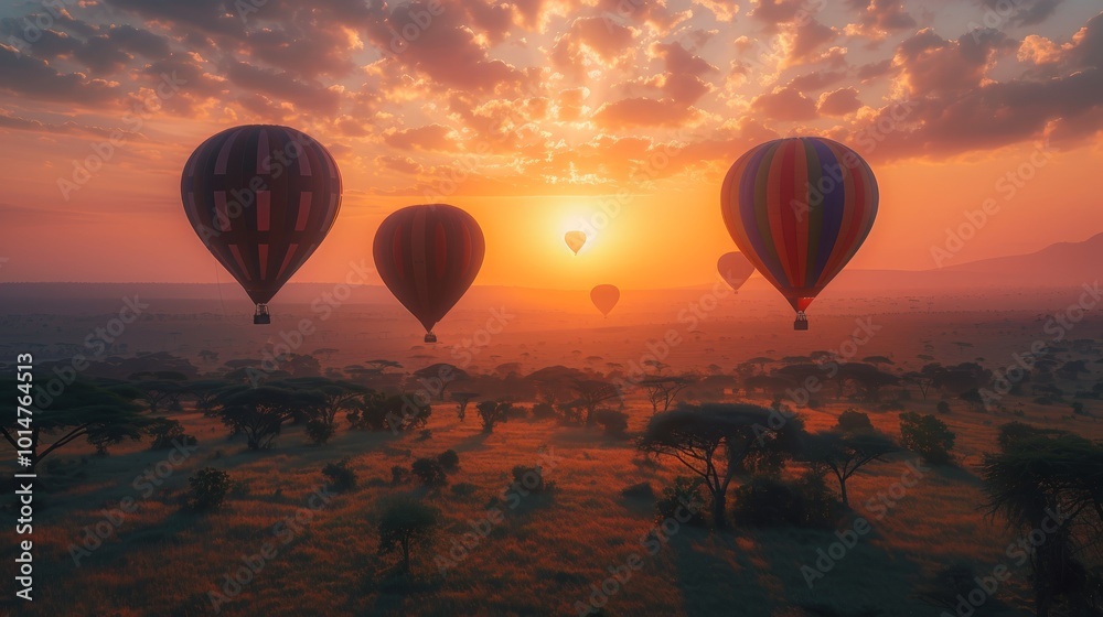 Fototapeta premium Four hot air balloons fly over a savanna during a vibrant sunrise.