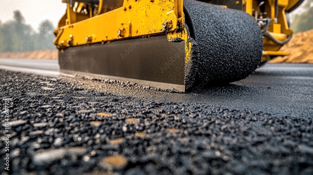 A close-up of a road roller compacting asphalt on a construction site. A close-up of a road roller compacting asphalt on a construction site.