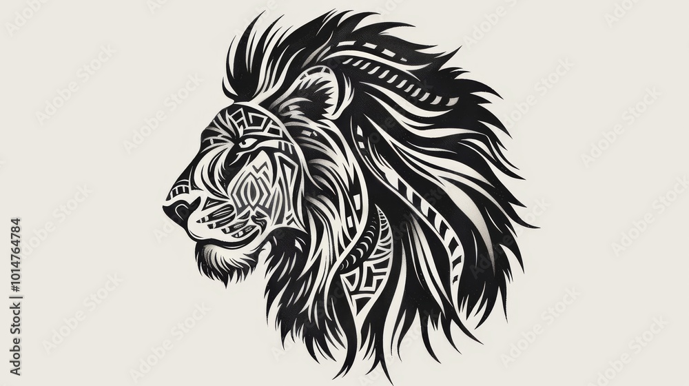 Obraz premium Lion head with tribal patterns in a drawing book style.