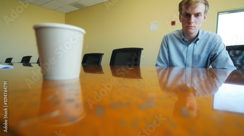 Man sitting alone at large empty conference table with sad expression, symbolizing corporate breakup amidst scattered documents and half-empty coffee cup. photo