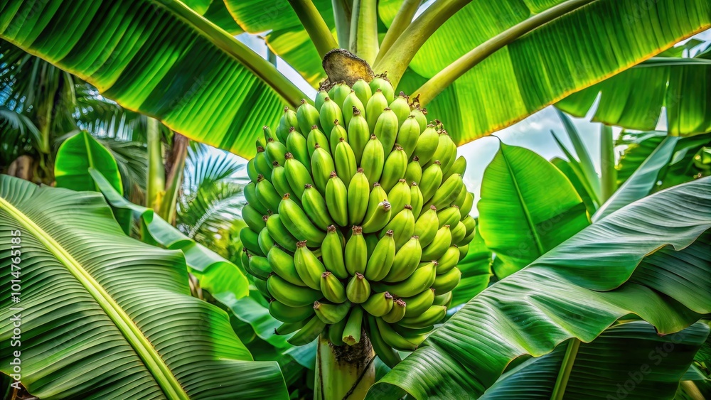Obraz premium With its rich green leaves and stunning banana heart, this lush banana tree embodies the enchanting allure of tropical beauty in nature's grandeur.