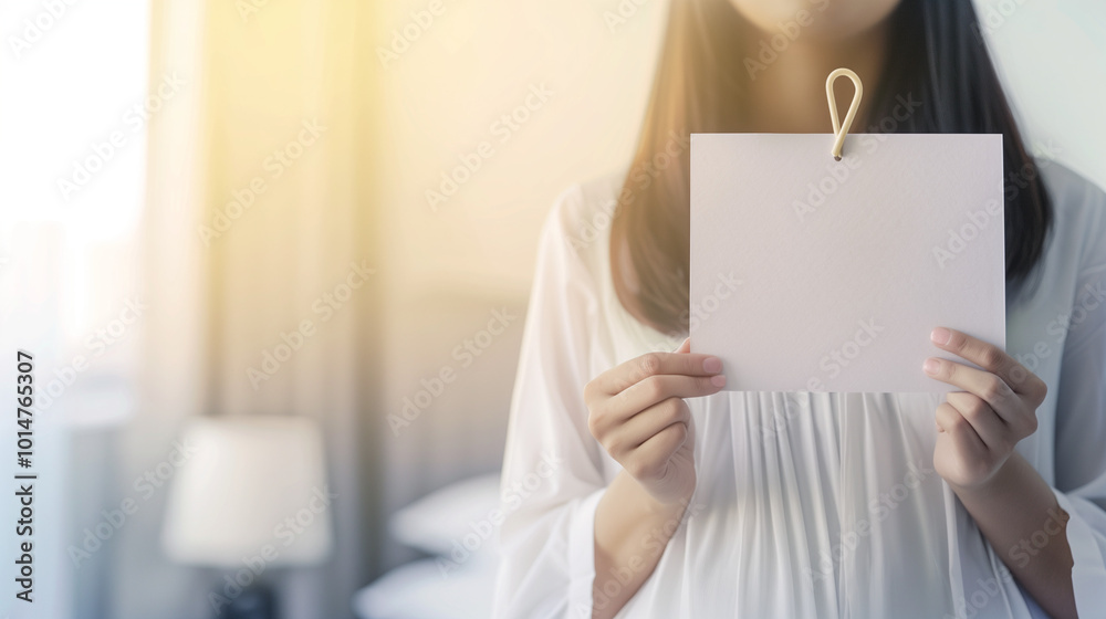 Woman standing alone in a quiet room, holding a small sign with a coat hanger symbol, representing abortion rights, with ample copy space for text or design