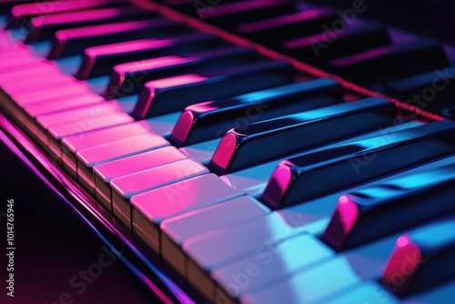 Artistic close-up of piano keys, vibrant colors reflecting on the polished surface, an abstract representation of music and emotion, high contrast lighting