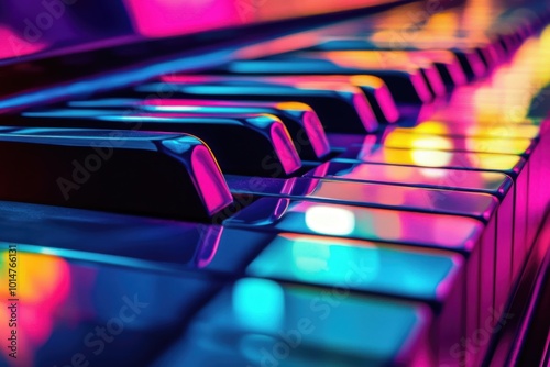 Artistic close-up of piano keys, vibrant colors reflecting on the polished surface, an abstract representation of music and emotion, high contrast lighting