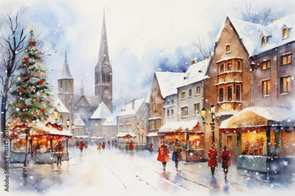 Naklejka premium Capture the essence of a lively Christmas market in watercolor