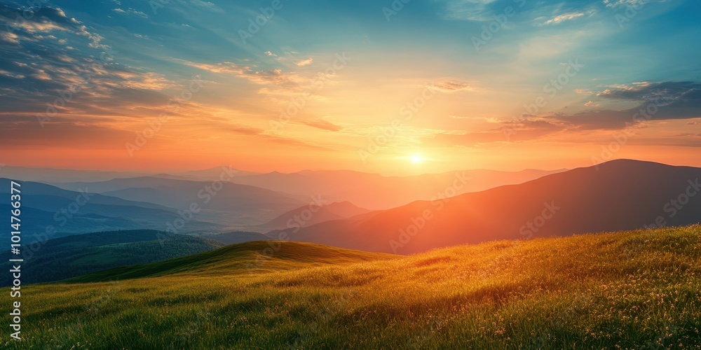 A stunning sunset over rolling hills, casting warm light across the landscape, ideal for peaceful and serene nature themes. A stunning sunset over rolling hills, casting warm light across the landscape, ideal for peaceful and serene nature themes.