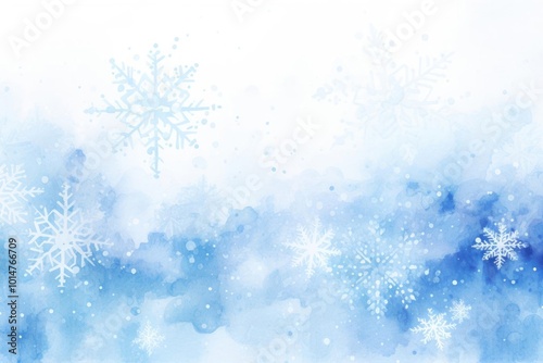 Craft a serene watercolor artwork featuring gentle snowflakes in shades of blue and white on a white backdrop