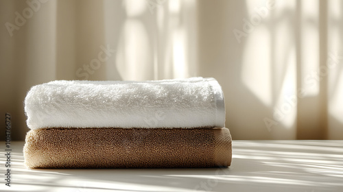 A neatly stacked pair of towels, one white and the other brown, resting on a wooden surface, conveying simplicity, cleanliness, and comfort. The image highlights the soft texture of the towels, offeri photo