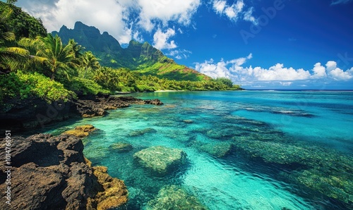 A stunning view of a tropical beach with clear turquoise water, lush green foliage, and rugged cliffs under a bright blue sky.