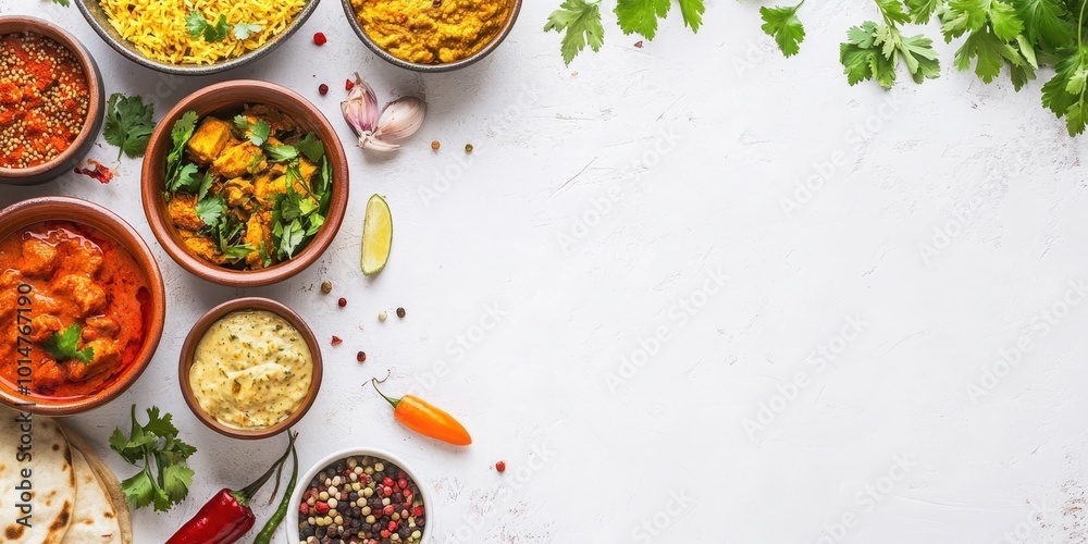 A vibrant selection of Indian dishes served in bowls, showcasing colorful spices and fresh ingredients against a white background. A vibrant selection of Indian dishes served in bowls, showcasing colorful spices and fresh ingredients against a white background.