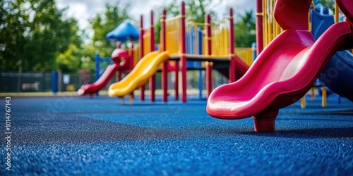 Wallpaper Mural A vibrant playground featuring colorful slides on a soft rubber surface, ideal for children's outdoor play and enjoyment. Torontodigital.ca