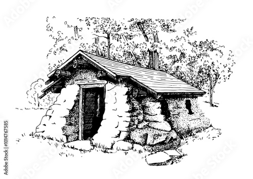 Hand drawn rural landscape with pet house. Line sketch converted to vector drawing.