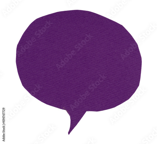 purple paper in a speech bubble shape, frame for text or quote, grunge textured sign, label, banner paper graphic element isolated on a transparent background
