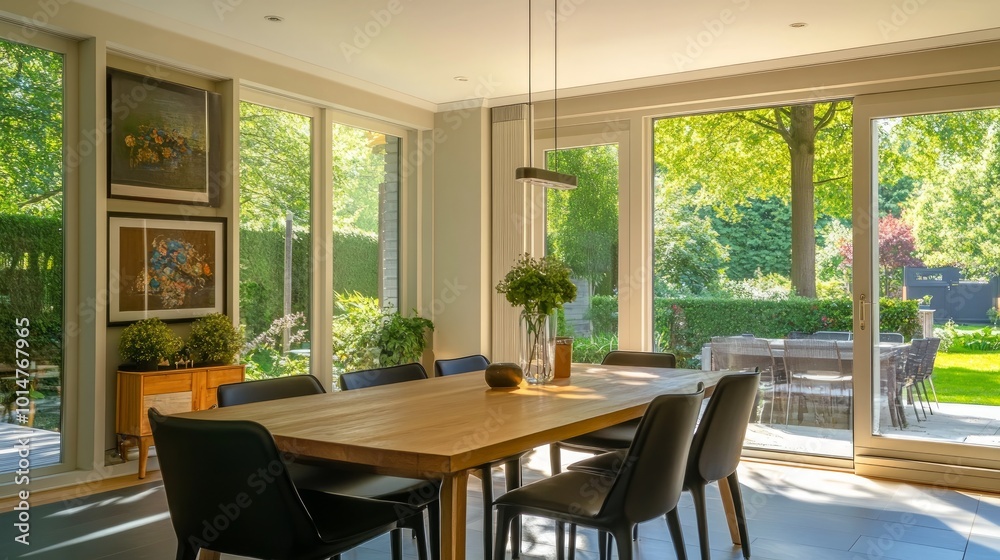 Modern dining room with large windows overlooking a lush green garden. Modern dining room with large windows overlooking a lush green garden.