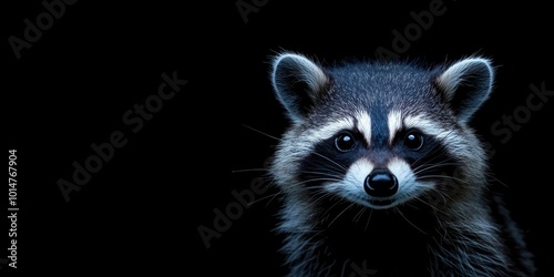 Close-up portrait of a raccoon with a curious expression against a dark background, showcasing its distinct facial features.