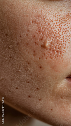 Detailed Acne Scar Macro Image Showing Pitted, Discolored Skin on Cheek photo