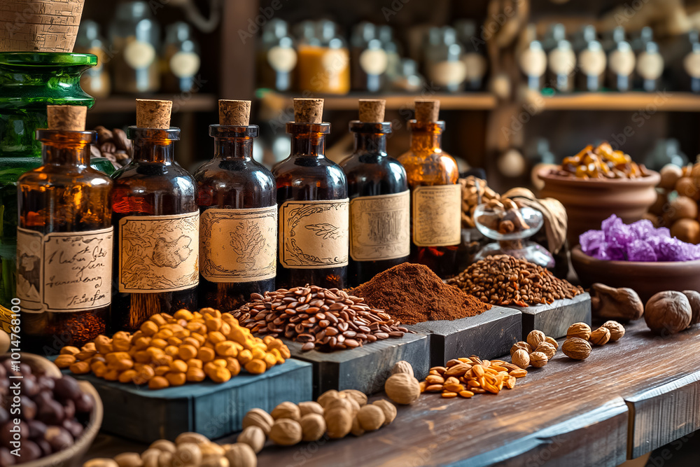 A rustic kitchen showcases an array of spices and herbs in glass bottles, alongside an assortment of seeds and nuts arranged on wooden shelves, emphasizing a warm, inviting atmosphere A rustic kitchen showcases an array of spices and herbs in glass bottles, alongside an assortment of seeds and nuts arranged on wooden shelves, emphasizing a warm, inviting atmosphere