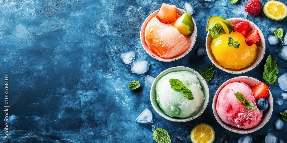 Colorful ice cream bowls with fresh fruits and mint on a blue background, perfect for summer dessert inspiration and food photography. Colorful ice cream bowls with fresh fruits and mint on a blue background, perfect for summer dessert inspiration and food photography.
