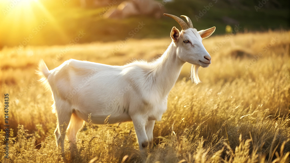 Obraz premium Majestic white goat grazes peacefully in a sun-drenched golden meadow, embodying rural tranquility and natural beauty.