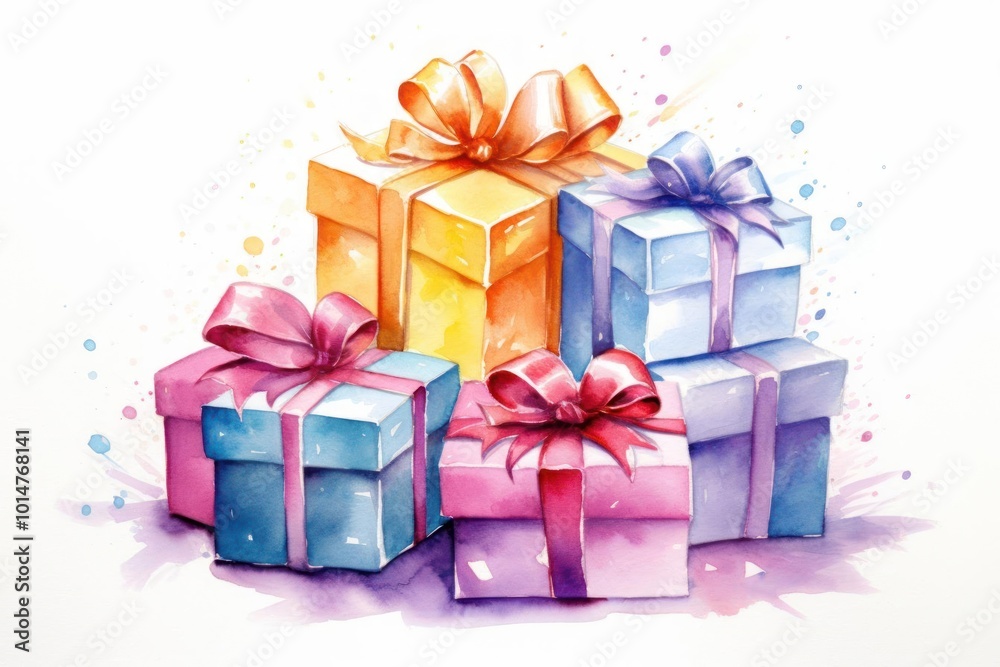 Create a watercolor-style graphic of a festive Christmas present arrangement using gentle Create a watercolor-style graphic of a festive Christmas present arrangement using gentle