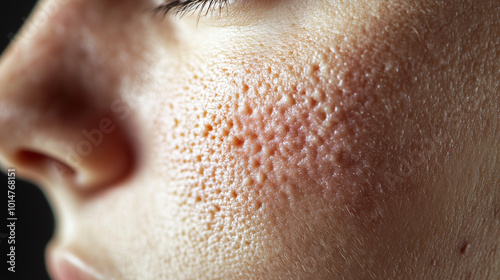 Macro Photograph of Severe Acne Scars on Cheek Highlighting Pitted Skin and Discoloration photo