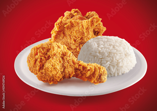 crispy fried chicken in a red background with rice