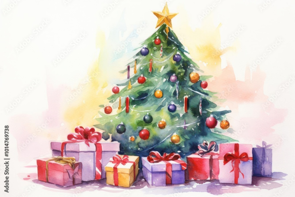 Illustrate a cheerful holiday scene using watercolor techniques, focusing on a vibrant Christmas tree adorned with colorful ornaments and presents Illustrate a cheerful holiday scene using watercolor techniques, focusing on a vibrant Christmas tree adorned with colorful ornaments and presents