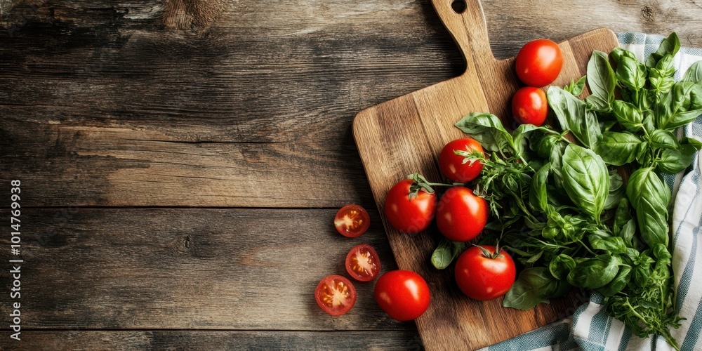 Fresh tomatoes and basil on a wooden cutting board, perfect for cooking or food styling. Ideal for culinary themes. Fresh tomatoes and basil on a wooden cutting board, perfect for cooking or food styling. Ideal for culinary themes.