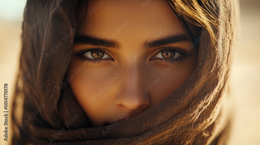 A close-up portrait of a woman with captivating eyes, partially covered by a scarf. A close-up portrait of a woman with captivating eyes, partially covered by a scarf.