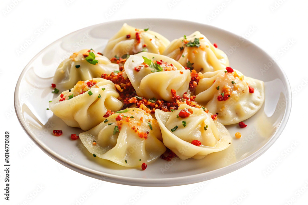 Dumplings with sesame seeds and chili flakes on a plate,isolated on white background Dumplings with sesame seeds and chili flakes on a plate,isolated on white background