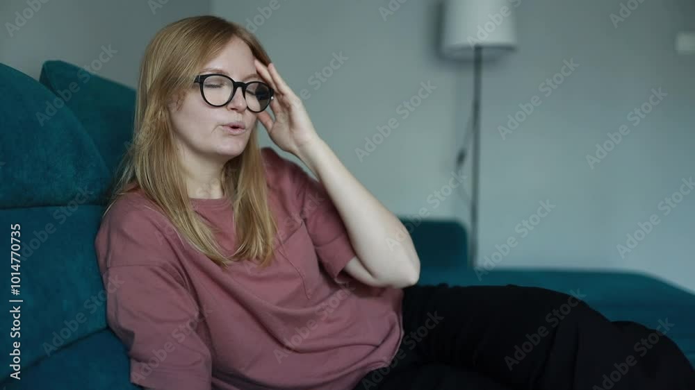 White woman with glasses sitting on a coach with headache expression indoor. Headache concept. Stress concept. Overworked concept. Frustration. Unhappy concept. White woman with glasses sitting on a coach with headache expression indoor. Headache concept. Stress concept. Overworked concept. Frustration. Unhappy concept.