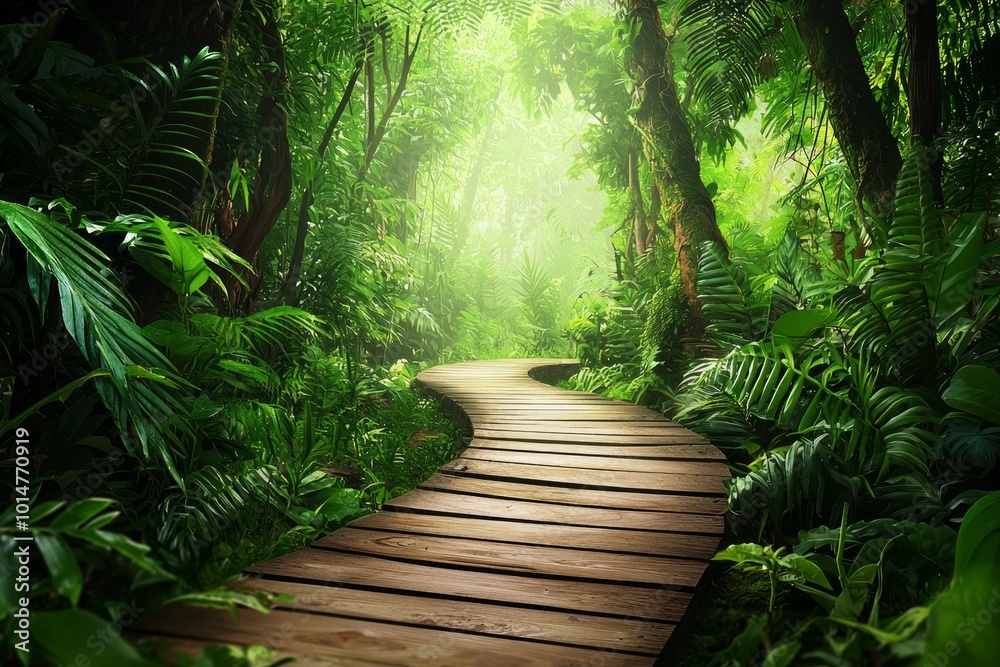 A wooden pathway through a green forest, highly detailed, bright exposure A wooden pathway through a green forest, highly detailed, bright exposure