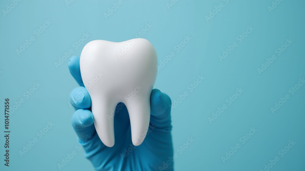 Gloved dentist holding a healthy tooth for dental care Gloved dentist holding a healthy tooth for dental care