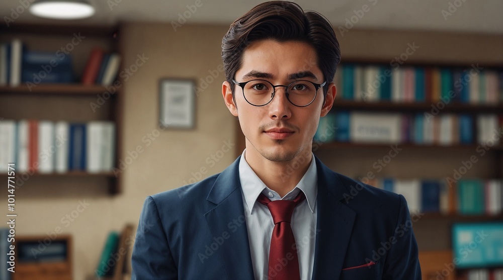 Fototapeta premium A handsome young Asian man in a suit and glasses, standing inside an office with bookshelves behind him