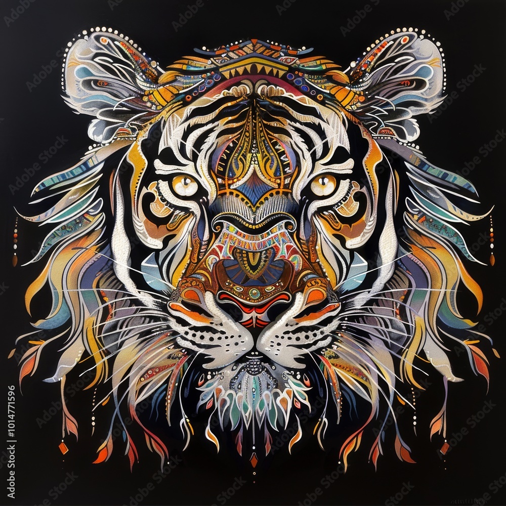 Fototapeta A stunning artistic representation of a tiger's face, featuring vibrant colors and intricate patterns against a black background.