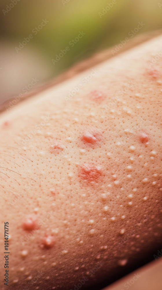 Close-Up Photograph of Severe Hives on Arm with Red Swollen Patches Illustrating Skin Allergic Response Close-Up Photograph of Severe Hives on Arm with Red Swollen Patches Illustrating Skin Allergic Response