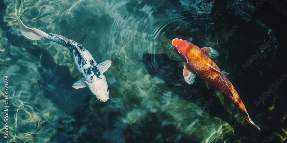 Two colorful koi fish gracefully swim in clear water, showcasing their vibrant patterns and peaceful aquatic environment. Two colorful koi fish gracefully swim in clear water, showcasing their vibrant patterns and peaceful aquatic environment.
