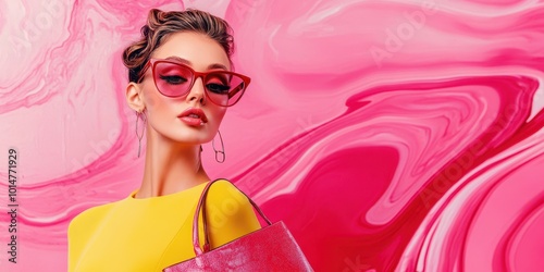 Vibrant fashion model poses with colorful accessories against a bold pink abstract background, showcasing modern style and elegance. photo