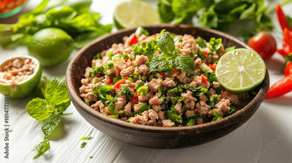 Fresh and vibrant minced meat salad with herbs, lime, and chili, showcasing colorful mix of ingredients that evoke sense of freshness and flavor. Fresh and vibrant minced meat salad with herbs, lime, and chili, showcasing colorful mix of ingredients that evoke sense of freshness and flavor.