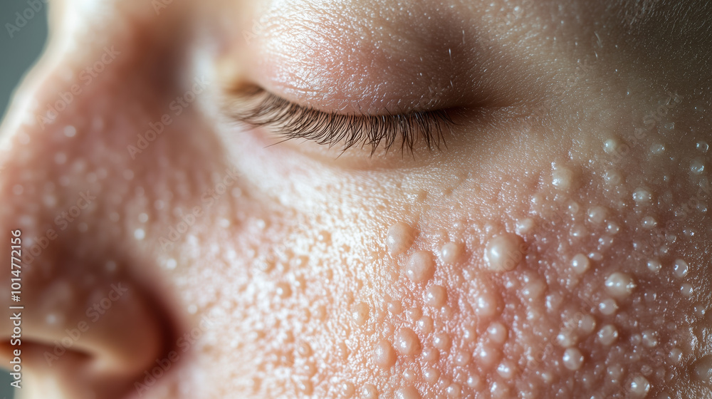 Close-Up Shot of Shingles Rash on Human Skin, Featuring Clusters of Painful Blisters on Face for Health Education Close-Up Shot of Shingles Rash on Human Skin, Featuring Clusters of Painful Blisters on Face for Health Education