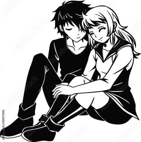 Anime couple sitting and cuddling on floor 