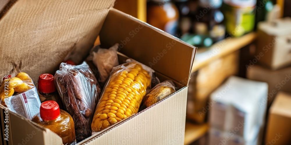 A box filled with various foods including corn and sauces, perfect for showcasing food storage or grocery packaging. A box filled with various foods including corn and sauces, perfect for showcasing food storage or grocery packaging.