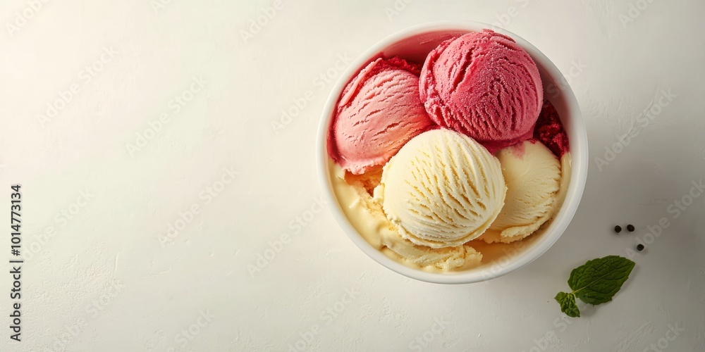 A delightful bowl of ice cream featuring three colorful scoops: strawberry, vanilla, and mint, perfect for any dessert lover. A delightful bowl of ice cream featuring three colorful scoops: strawberry, vanilla, and mint, perfect for any dessert lover.