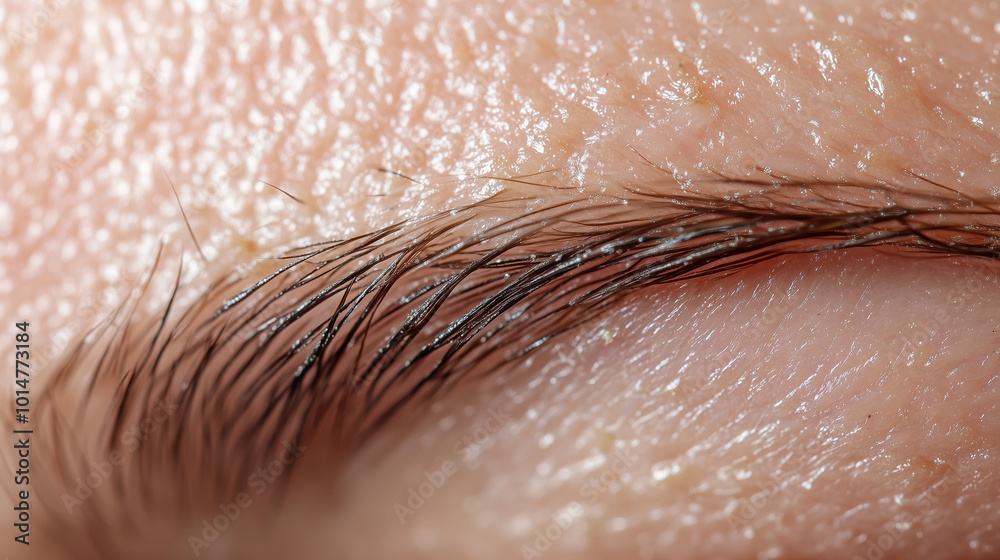 Fototapeta premium Macro Close-Up of Seborrheic Dermatitis on Eyebrows with Flaky, Greasy Skin, Highlighting the Texture of Skin Condition