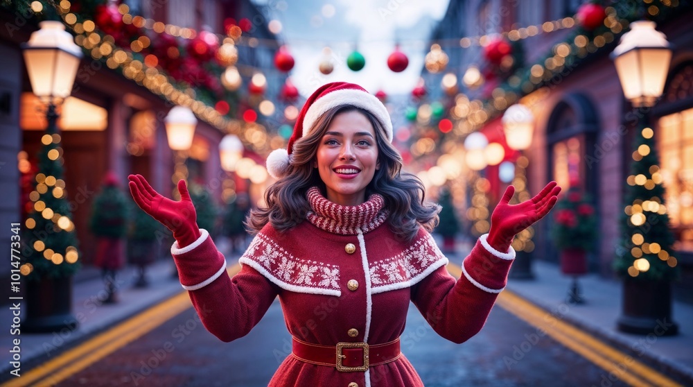A beautiful woman dressed in Christmas attire, smiling and waving at the camera while standing on an empty street adorned with festive decorations