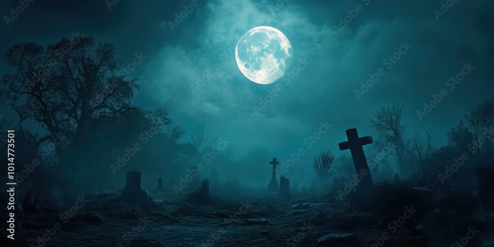 A haunting graveyard scene under a full moon, enveloped in mist and shadows, creating an eerie and mysterious atmosphere. A haunting graveyard scene under a full moon, enveloped in mist and shadows, creating an eerie and mysterious atmosphere.