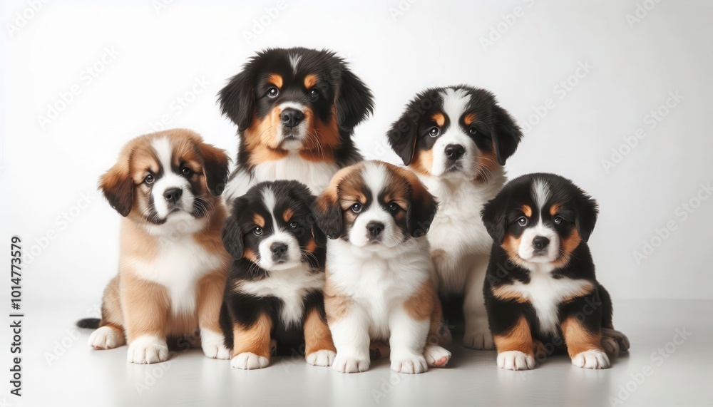 Obraz premium A group of six adorable St. Bernard puppies sitting together on a white background.